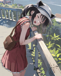Rule 34 | 1girl, :d, ^ ^, bag, bare arms, baseball cap, black hair, blush, building, closed eyes, commentary request, day, dress, facing viewer, hat, headgear, highres, lamb (hitsujiniku), leaning forward, open mouth, outdoors, pleated dress, railing, red dress, shoulder bag, sleeveless, sleeveless dress, smile, solo, touhoku kiritan, twintails, voiceroid, water, white hat