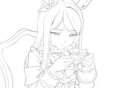 1girl animal_ears armband bow bowtie closed_mouth cum cum_in_container cum_in_cup cup ear_bow greyscale holding holding_cup horse_ears long_hair long_sleeves mejiro_mcqueen_(umamusume) monochrome simple_background solo teacup thernz umamusume upper_body white_background