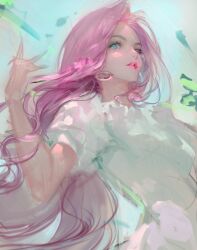 1girl absurdres blue_eyes bm94199 curly_hair earrings highres jewelry long_hair looking_down open_mouth original pink_hair standing