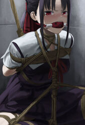 1girl arms_behind_back ball_gag bdsm black_dress black_hair blush bondage bound bound_arms bound_legs bound_torso collared_dress commentary_request dress folded_ponytail gag gagged hair_ribbon indian_style itou_tatsuya kaguya-sama_wa_kokurasetai_~tensai-tachi_no_renai_zunousen~ looking_at_viewer neck_ribbon paid_reward_available red_eyes red_ribbon restrained ribbon rope school_uniform shibari shibari_over_clothes shinomiya_kaguya shuuchiin_academy_school_uniform sitting solo tearing_up