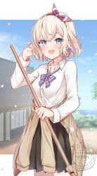 1girl :d black_skirt blonde_hair blue_eyes blue_sky blush bow breasts broom brown_cardigan building cardigan cardigan_around_waist clothes_around_waist cloud collared_shirt commentary_request day diagonal-striped_bow dress_shirt english_text gloire_(kancolle) hair_between_eyes hair_ribbon hand_up holding holding_broom kantai_collection long_sleeves looking_at_viewer mashiro_aa medium_breasts mole mole_on_neck open_mouth petals pleated_skirt ribbon school_uniform shirt skirt sky smile solo watermark white_shirt window