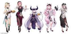 Rule 34 | 5girls, ahoge, alicecoco, animal ear fluff, animal ears, antenna hair, apron, black hair, black hat, black pantyhose, black skirt, blonde hair, blue eyes, blush, braid, breasts, cleavage, commentary request, copyright notice, crow (la+ darknesss), cup, demon girl, demon horns, grey hair, hair between eyes, hair ornament, hakui koyori, hands up, hat, head wings, highres, holding, holding cup, hololive, holox, horns, japanese clothes, kazama iroha, kimono, la+ darknesss, large breasts, long hair, long sleeves, looking at viewer, multicolored hair, multiple girls, open mouth, pantyhose, pink hair, pointy ears, ponytail, purple eyes, purple hair, red eyes, sakamata chloe, shirt, short hair, simple background, skirt, smile, streaked hair, striped horns, tail, takane lui, very long hair, virtual youtuber, white apron, white background, white shirt, white skirt, wings, wolf ears, wolf girl, wolf tail, x hair ornament, yellow eyes, yellow kimono