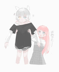 2girls aaieba bang_dream! bang_dream!_it&#039;s_mygo!!!!! black_shirt blue_eyes chihaya_anon commentary drawn_ears dress fang grey_dress grey_eyes heterochromia highres kaname_raana layered_sleeves long_hair long_sleeves multiple_girls parted_lips pinafore_dress pink_hair raana_the_cat shirt short_over_long_sleeves short_sleeves simple_background skin_fang sleeveless sleeveless_dress sparkle symbol-only_commentary translation_request white_background white_hair white_shirt yellow_eyes