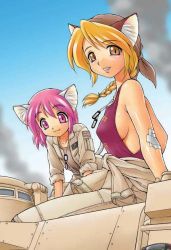 2girls animal_ears bandages bandana blonde_hair braid breasts cat_ears ebifly large_breasts military military_uniform multiple_girls purple_eyes purple_hair sideboob yellow_eyes