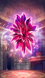 book brown_background candlestand commentary crystal fate/grand_order fate_(series) fire floating glowing indoors lasengle no_humans object_focus official_art pentagram red_theme sparkle still_life third-party_source