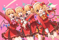 4girls ;d =_= alternate_costume back_bow blonde_hair blue_bow blue_bowtie blue_nails blush bow bowtie breasts buttons character_doll clone collared_shirt commentary_request double-breasted fangs flandre_scarlet four_of_a_kind_(touhou) gyaru_v hair_bow hat heart heart-shaped_pupils highres holding holding_microphone kirero large_breasts long_sleeves looking_at_viewer microphone multiple_girls music nail_polish one_eye_closed one_side_up open_mouth orange_nails pink_bow pink_bowtie purple_bow purple_bowtie red_bow red_eyes red_shirt red_skirt remilia_scarlet shirt singing skirt small_breasts smile symbol-shaped_pupils touhou twitter_username v v-shaped_eyebrows white_hat wings yellow_bow yellow_bowtie