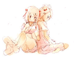 2girls amami_haruka back-to-back bare_legs bare_shoulders blonde_hair blunt_bangs book bow brown_eyes closed_mouth collarbone dot_nose downturned_eyes frilled_sleeves frills full_body futami_ami hair_bobbles hair_bow hair_ornament hands_on_lap happy holding holding_book idolmaster idolmaster_(classic) light_blush lipstick makeup multiple_girls neck off-shoulder_shirt off_shoulder one_side_up open_book pink_lips pink_shirt pink_shorts reading red_bow shirt short_hair short_sleeves shorts sitting smile socks tareme wariza white_background white_socks yae_(mono110)