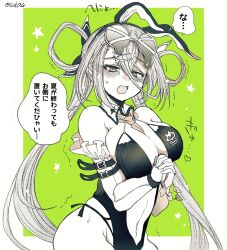 Rule 34 | 1girl, animal ears, bare shoulders, between breasts, black one-piece swimsuit, blush, border, bow, breasts, cleavage, cowboy shot, detached collar, detached sleeves, donkey ears, eyewear on head, fake animal ears, fate/grand order, fate (series), frilled sleeves, frills, green background, grey hair, greyscale with colored background, hair between eyes, hair bow, hair ornament, hair rings, hairpin, highleg, highleg one-piece swimsuit, highres, huyan zhuo (fate), huyan zhuo (swimsuit) (fate), large breasts, navel, necktie, necktie between breasts, novelty glasses, one-piece swimsuit, open mouth, own hands clasped, own hands together, partially colored, plunging neckline, raised eyebrows, siiika (siiika6), solo, speech bubble, sunglasses, sweatdrop, swimsuit, tearing up, white border