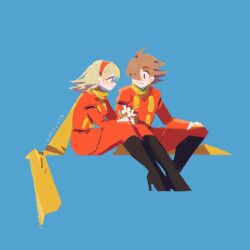 black_boots blonde_hair boots brown_hair coat couple cyborg cyborg_009 flower francoise_arnoul hair_over_one_eye hairband highres holding holding_flower light_smile long_hair looking_at_another manodemarina pants purple_eyes red_coat red_hairband red_pants scarf shimamura_joe sitting yellow_scarf