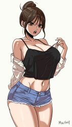 1girl :o artist_name beautiful_gunbari black_shirt breasts brown_eyes brown_hair cleavage denim denim_shorts hair_up jeong_se-ah large_breasts marheit midriff navel shirt short_hair short_shorts shorts simple_background solo standing undressing white_background white_shirt
