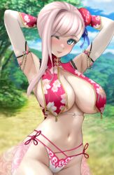 1girl armpits arms_behind_head arms_up bare_shoulders blue_eyes blue_sky blush breasts bun_cover cleavage detached_sleeves fate/grand_order fate_(series) floral_print hair_bun hair_ribbon highres large_breasts long_hair looking_at_viewer miyamoto_musashi_(fate) miyamoto_musashi_(fate/grand_order) miyamoto_musashi_(swimsuit_berserker)_(fate) navel one_eye_closed panties pink_hair raskasar ribbon single_side_bun sky smile solo swept_bangs tree underwear white_panties