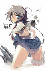 Rule 34 | 1girl, ahoge, ass, bandaid, bandaid on arm, bandaid on leg, black hair, breasts, clothes lift, commentary request, covered erect nipples, green eyes, hair ornament, hairclip, highres, kako (kancolle), kantai collection, large breasts, lifting own clothes, looking back, midriff, namaniku atk, panties, photoshop (medium), school uniform, see-through clothes, serafuku, skirt, skirt lift, solo, tan, tanline, tears, underwear, wading, wet, wet clothes, wet panties, white panties
