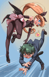 1boy 1girl absurdres armpits artist_name ass asuka_daiki black_bow black_gloves black_jacket black_necktie black_pants black_pantyhose black_shirt black_shoes blue_background bow breasts brown_shoes coattails commentary dated dodging elbow_gloves formal_clothes full_body gloves green_eyes green_hair hair_bow haneoka_meimi heart high_heels highres isedaichi_ken jacket jumping kaitou_saint_tail long_hair looking_at_viewer looking_back magical_girl motion_lines necktie one_eye_closed open_mouth orange_hair pants pantyhose pink_skirt pleated_skirt ponytail saint_tail shirt shoes short_hair skirt sleeveless sleeveless_shirt small_breasts small_sweatdrop smile speech_bubble speed_lines spoken_heart suit twitter_username