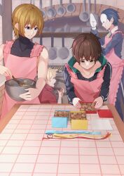 Rule 34 | 4boys, absurdres, apron, arms on table, baking, black hair, black shirt, blonde hair, blue eyes, blush, box, brown hair, collarbone, cookie, dust (konosuba), food, gift, gift box, gloves, green eyes, green jacket, hair between eyes, heart, heart-shaped cookie, heart-shaped food, highres, jacket, kitchen, kono subarashii sekai ni shukufuku wo!, looking at another, looking at food, mask, mitsurugi kyouya, multiple boys, parted lips, pink apron, pointy ears, ribbon, sarasara shoyu, satou kazuma, shirt, short hair, sidelocks, sleeveless, smile, spiked hair, table, talking, vanir, whisking, white day, white gloves