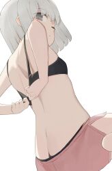 Rule 34 | 1girl, adjusting bra, adjusting clothes, back, black bra, black panties, bra, closed mouth, grey eyes, highres, hiroki (yyqw7151), looking at viewer, one eye closed, original, panties, pink shorts, short hair, shorts, simple background, solo, underwear, white background, white hair