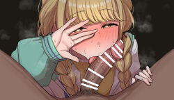 1boy 1girl anonattsu bar_censor blonde_hair blush braid brown_eyes censored clothed_female_nude_male erection fellatio fujita_kotone gakuen_idolmaster happy_sex heart heart-shaped_pupils hetero highres idolmaster licking licking_penis long_sleeves looking_at_viewer nose_blush nude oral penis pov pov_crotch pubic_hair solo_focus sweat symbol-shaped_pupils tongue twin_braids veins veiny_penis