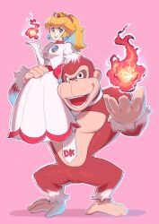 1boy 1girl alternate_color blonde_hair blue_eyes crown donkey_kong dress earrings elbow_gloves fire_donkey_kong fire_peach fireball gloves gorilla highres jewelry long_dress mario_(series) necktie nintendo official_alternate_costume open_mouth pink_background ponytail princess_peach puffy_short_sleeves puffy_sleeves saiwo_(saiwoproject) short_sleeves simple_background sitting_on_shoulder sphere_earrings the_super_mario_bros._movie white_dress white_gloves white_necktie