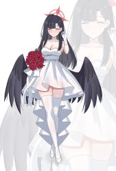 1girl absurdres alternate_costume black_hair black_wings blue_archive bouquet breasts bride choker closed_eyes dress feathered_wings flower gloves hair_ornament hairclip halo highres holding holding_bouquet ichika_(blue_archive) large_breasts long_hair low_wings red_flower red_halo red_rose rose smile strapless strapless_dress thighhighs wedding_dress white_choker white_dress white_gloves white_thighhighs wings woodhxx zoom_layer
