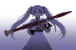 1girl :/ anachronism backlighting belt black_shirt capelet commentary cowboy_shot dress earrings elf english_commentary frieren gold_trim gradient_background green_eyes grey_background half-closed_eyes highres holding holding_weapon jewelry karepack long_pointy_ears long_sleeves pointy_ears rocket_launcher rpg rpg-7 rpg_(weapon) shirt simple_background solo sousou_no_frieren standing striped_clothes striped_shirt teardrop_earrings twintails weapon white_background white_capelet white_dress white_shirt