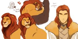 1boy animification bad_id bad_pixiv_id brown_eyes brown_hair colored_sclera disney fur_trim korean_text lion male_focus mane mufasa personification red_hair solo the_lion_king yamyo yellow_sclera