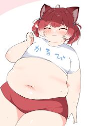 1girl :3 ahoge akami_karubi animal_ear_fluff animal_ears blush bow breasts closed_eyes crazy_raccoon crop_top fat fat_woman hair_bow highres midriff multicolored_hair navel plump red_hair red_shorts shirt shiyo_hodaka short_hair short_shorts shorts small_breasts smile solo sweat thick_arms thick_thighs thighs twintails virtual_youtuber white_background white_hair white_shirt