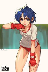 Rule 34 | 1girl, absurdres, artist logo, artist name, bent over, blue background, blue hair, blurry, blurry background, breasts, bright pupils, buruma, character name, clenched hand, collarbone, commentary, feet out of frame, fingerless gloves, furrowed brow, gloves, green background, gym shirt, gym uniform, hair between eyes, hand on own face, hand on own thigh, highres, leaning forward, letterboxed, logo, looking at viewer, mar10, matsubara aoi, messy hair, open mouth, outside border, red buruma, red gloves, romaji text, shirt, short hair, small breasts, spread fingers, sweat, t-shirt, thigh gap, to heart, to heart (series), tomboy, white shirt