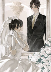 1boy 1girl absurdres black_hair black_jacket black_pants black_suit breasts bridal_veil bride brown_hair collared_shirt couple dress elbow_gloves eren_yeager facial_scar flower formal_clothes gloves grey_eyes groom hair_between_eyes highres husband_and_wife jacket light_blush long_dress looking_at_another medium_breasts mikasa_ackerman mirror necktie pants parted_bangs parted_lips puffy_short_sleeves puffy_sleeves rose scar scar_on_cheek scar_on_face shingeki_no_kyojin shirt short_hair short_sleeves suit veil wedding_dress white_dress white_flower white_gloves white_rose white_shirt yellow_necktie zhuse_fuxianqing