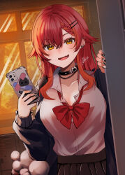 1girl absurdres arisyooon black_collar black_jacket black_nails bow bowtie braid braided_bangs collar earrings hair_between_eyes hair_flaps highres holding holding_phone jacket jewelry long_hair loose_bowtie nail_art nail_polish nekota_tsuna open_clothes open_jacket open_mouth orange_eyes partially_unbuttoned phone pleated_skirt red_bow red_bowtie red_hair skirt solo upper_body virtual_youtuber vspo! window