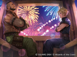 2boys aerial_fireworks arm_cannon armor barret_wallace beard black_hair cloud_strife commentary copyright_notice crossed_arms dark-skinned_male dark_skin facial_hair ferris_wheel_interior final_fantasy final_fantasy_vii final_fantasy_vii_remake fireworks fuji_q gatling_gun looking_at_another magic:_the_gathering multiple_boys official_art shoulder_armor sitting sleeveless sleeveless_turtleneck turtleneck variant_set weapon