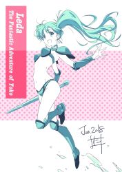 Rule 34 | 1girl, 2018, :d, alternate color, armor, asagiri youko, bikini, bikini armor, blue bikini, blue eyes, blue hair, breasts, character name, chin guard, copyright name, dated, detached sleeves, female focus, floating hair, full body, genmu senki leda, groin, highres, holding, holding sword, holding weapon, leg up, long hair, looking at viewer, medium breasts, navel, nii manabu, open mouth, outstretched arms, pauldrons, shoulder armor, side ponytail, sideboob, signature, smile, solo, swimsuit, sword, very long hair, weapon