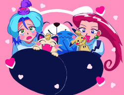 1boy absurdres bewear black_gloves blue_eyes blue_hair blush creatures_(company) crying game_freak gen_1_pokemon gen_7_pokemon gloves green_eyes happy heart highres james_(pokemon) jessie_(pokemon) looking_at_viewer mareanie meowth mimikyu nintendo open_mouth pink_background pokemon pokemon_(anime) pokemon_(creature) pokemon_sm_(anime) red_hair team_rocket team_rocket_uniform unkoburiri