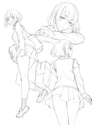 Rule 34 | 1girl, bag, blush, covering ass, covering privates, crossed arms, fang, from behind, full body, kneepits, lineart, loafers, monochrome, multiple views, original, profile, ryuuta (msxtr), school bag, school uniform, shoes, short hair, skin fang, smile, socks, sweater vest, upskirt