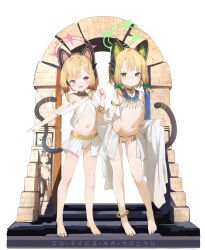 2girls absurdres alternate_costume ancient_egyptian_clothes animal_ear_headphones animal_ears anklet arch armlet barefoot blonde_hair blue_archive blush bow cat_ear_headphones cat_tail closed_mouth commentary_request fake_animal_ears fang faux_figurine feet flat_chest full_body green_bow green_eyes green_halo hair_bow halo hand_up headphones highres huge_filesize jewelry loli looking_at_viewer low_twintails midori_(blue_archive) momoi_(blue_archive) multiple_girls navel open_mouth outstretched_arm panties pink_bow pink_eyes pink_halo revealing_clothes short_twintails siblings simple_background sisters skin_fang smile split_mouth standing tail toes translation_request twins twintails underwear usekh_collar v-shaped_eyebrows white_background white_panties youyueyue