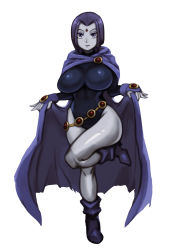 1girl absurdres black_leotard boots breasts cape cartoon_network dc_comics female_focus fingerless_gloves freddyhalloween full_body gloves highleg highleg_leotard highres holding holding_unworn_cape holding_unworn_clothes huge_breasts impossible_clothes leg_up leotard lips looking_at_viewer matching_hair/eyes pale_skin purple_cape purple_eyes purple_hair raven_(dc) shiny_clothes shiny_skin simple_background skin_tight solo standing taut_leotard teen_titans thick_thighs thighs unworn_cape warner_bros white_background wide_hips