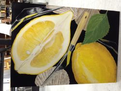 absurdres black_background easel floating floating_object food fruit highres knife leaf lemon lemon_slice original osarakawaku photo_(medium) reflection seashell shell simple_background still_life traditional_media wheel workshop