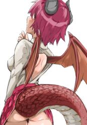 1girl ass backless_shirt blush breasts clothes_lift commentary cowboy_shot dragon_girl dragon_horns dragon_tail dragon_wings from_behind grea_(shingeki_no_bahamut) horns ito_ryo lifted_by_tail looking_at_viewer looking_back median_furrow medium_breasts miniskirt orange_eyes pink_hair pink_skirt plaid_clothes plaid_skirt pleated_skirt princess_connect! shirt short_hair shoulder_blades skirt skirt_lift solo tail white_shirt wings