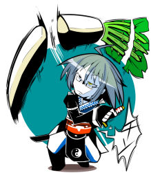 1boy ahoge daikon glasses japanese_clothes katana kunitori male_focus morichika_rinnosuke mundane_utility radish short_hair solo sword touhou weapon yellow_eyes yin_yang