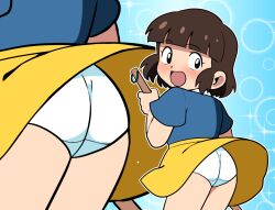 1girl ass black_eyes blue_background blue_shirt blush broom brown_hair bubble_background from_behind holding holding_broom loli looking_at_viewer looking_back multiple_views open_mouth original panties shirt short_hair skirt sparkle sparkle_background standing surprised underwear white_panties wind wind_lift yellow_skirt yume_yoroi