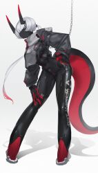 Rule 34 | 1girl, absurdres, android, black skin, blunt bangs, bodysuit, chain, chest harness, colored skin, covered navel, echanis enicha, gloves, hair over eyes, harness, highres, jacket, light smile, long hair, no eyes, original, ponytail, red lips, tail, white background, white hair