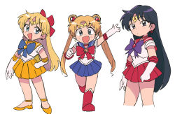 3girls aino_minako arm_up bishoujo_senshi_sailor_moon black_eyes black_hair blonde_hair blue_bow blue_bowtie blue_eyes blue_sailor_collar blue_skirt bow bowtie chibi choker circlet double_bun earrings elbow_gloves gloves hair_bow hair_bun hand_on_own_hip hino_rei inner_senshi jewelry long_hair looking_at_viewer magical_girl multiple_girls open_mouth orange_choker orange_sailor_collar orange_shoes orange_skirt pleated_skirt purple_bow purple_bowtie red_bow red_bowtie red_choker red_footwear red_sailor_collar red_skirt sailor_collar sailor_mars sailor_moon sailor_senshi sailor_senshi_uniform sailor_venus shoes simple_background skirt tsubobot tsukino_usagi twintails white_background white_gloves