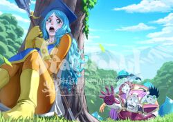 Rule 34 | 1girl, 2boys, 2girls, 5tatsu, aqua hair, armor, blue gemstone, blue hat, blue tabard, bodysuit, boots, bruise, bruised eye, crying, dragon quest, dragon quest iii, gem, gloves, gold trim, hat, helmet, highres, holding, holding staff, injury, k.o., long hair, long sleeves, mage (dq3), mortarboard, mountain, multiple boys, multiple girls, one eye closed, open mouth, orange bodysuit, outstretched hand, pale skin, parted bangs, priest (dq3), red gloves, red hair, roto (dq3), shoulder armor, shouting, slime (creature), staff, sun hat, tabard, tears, tree, twitter username, under tree, warrior (dq3), wavy hair, wide-eyed, winged helmet, witch hat, x x, yellow boots, yellow gloves