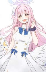 1girl angel_wings bare_shoulders blow blue_archive blue_bow blush bow crescent dress feathered_wings flower hair_flower hair_ornament halo highres mika_(blue_archive) nagami_yuu no_cape open_mouth pink_hair scrunchie simple_background smile solo white_background white_dress wings wrist_scrunchie