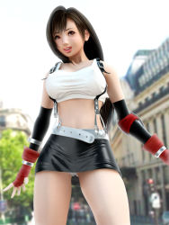 1990s_(style) 1girl 3d belt black_hair breasts brown_eyes brown_hair covered_erect_nipples cowboy_shot female_focus final_fantasy final_fantasy_vii fingerless_gloves gloves incise_soul large_breasts m-rs midriff miniskirt nipples panties pencil_skirt red_eyes retro_artstyle skirt solo square_enix suspender_skirt suspenders tifa_lockhart underwear white_panties