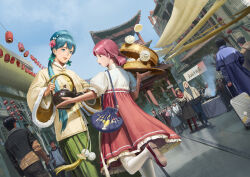 2girls absurdres aqua_eyes aqua_hair architecture bag steamed_bun blue_hair cangqiong chinese_clothes day dress dutch_angle east_asian_architecture flower food hair_flower hair_ornament highres holding jeanex lantern long_hair medium5 multiple_boys multiple_girls outdoors paper_lantern pink_hair skirt sky synthesizer_v twintails