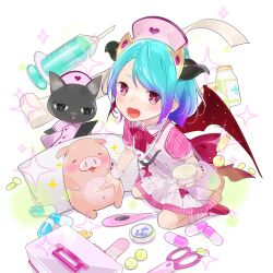 1girl ama_mitsuki blue_hair cat demon_girl demon_tail demon_wings hat horns multicolored_hair nurse nurse_cap nyx_yaamaa_(uchi_no_hime-sama) pig pink_hair red_eyes tail uchi_no_hime-sama_ga_ichiban_kawaii wings