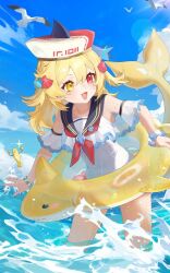 1girl bird blonde_hair blue_sky bracelet cloud day detached_sleeves fins fish fish_tail frills hair_between_eyes hat heterochromia highres indie_virtual_youtuber jewelry kaofish long_bangs medium_hair non-web_source ocean official_art one-piece_swimsuit open_mouth red_eyes sailor_collar sailor_hat seagull seashell shark_tail shell shell_hair_ornament sky smile splashing sunlight swim_ring swimsuit tail yellow_eyes
