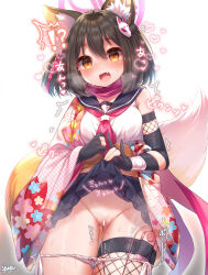 Rule 34 | !?, 1girl, ^^^, animal ear fluff, animal ears, artist name, bar censor, black gloves, black sleeves, black thighhighs, blue archive, blue sailor collar, blue skirt, blush, bow, bow panties, breasts, breath, brown hair, censored, clothes lift, controller, cowboy shot, detached sleeves, discreet vibrator, empty eyes, fang, female focus, fishnet thighhighs, fishnets, flashing, floral print, fox ears, fox girl, fox shadow puppet, fox tail, gloves, gluteal fold, groin, hair ornament, halo, hands up, happy, heart, highres, izuna (blue archive), japanese clothes, japanese text, kimono, lifting own clothes, long sleeves, looking at viewer, medium breasts, miniskirt, moaning, neckerchief, no panties, nose blush, obi, object insertion, off shoulder, open mouth, orange eyes, panties, panty pull, partially fingerless gloves, pink kimono, pink neckerchief, pleated skirt, pom pom (clothes), purple scarf, pussy, pussy juice, remote control, remote control vibrator, sailor collar, sash, scarf, school uniform, serafuku, sex toy, shiny skin, shirt, short hair, side-tie panties, sidelocks, signature, simple background, single detached sleeve, single thighhigh, skindentation, skirt, skirt lift, sleeveless, sleeveless shirt, smile, solo, spoken heart, standing, steam, steaming body, sweat, tail, thighhighs, thighs, translation request, trembling, underwear, vaginal, vaginal object insertion, vibrator, vibrator cord, white background, white panties, white shirt, wide sleeves, yufukiri