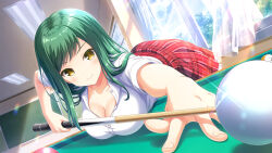 1girl billiards black_socks breasts brown_eyes classroom cleavage closed_mouth cue_stick day desk girlfriend_(kari) green_hair indoors kokonoe_shinobu large_breasts leaning_on_object long_hair official_art plaid_clothes plaid_skirt pool_table qp:flapper school_uniform skirt smile socks solo sunlight table tagme unworn_bow window yellow_eyes