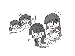 4girls 4th_live_dream_~bloom_the_dream_believers~ :&lt; :d ^^^ animification black_hair blue_hair blue_ribbon blunt_bangs blush braid closed_mouth commentary crown_braid dollchestra dream_believers frown grey_hair hair_ornament hashtag-only_commentary kan_kanna link!_like!_love_live! long_sleeves love_live! low_twintails mira-cra_park! multicolored_hair multiple_girls nonaka_kokona official_alternate_costume open_mouth puff_of_air real_life red_hair ribbon sasaki_kotoko simple_background smile solid_oval_eyes speech_bubble spoken_character star_(symbol) star_hair_ornament streaked_hair sweatdrop tsukine_kona twintails voice_actor white_background zueka27
