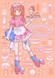 1girl a.i._voice absurdres adachi_rei alternate_costume apron blue_ribbon cake cake_slice closed_mouth dress food hair_ribbon highres holding holding_tray ice_cream kouno_rikopin leg_ribbon long_hair looking_at_another maid_headdress orange_eyes orange_hair pink_dress pink_ribbon puffy_short_sleeves puffy_sleeves ribbon roller_skates short_dress short_sleeves skates smile socks solo standing thigh_ribbon tray utau waist_apron waitress white_apron white_socks wrist_cuffs